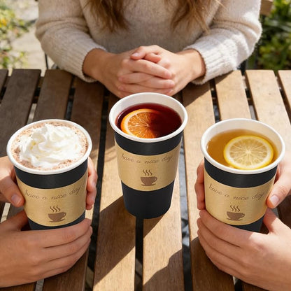 50 Pack 20 oz Disposable Coffee Cups with Lids, Paper Hot Coffee Cups with Sleeve and Straw, To Go Cups for Home, Office and Party (Black 20oz)