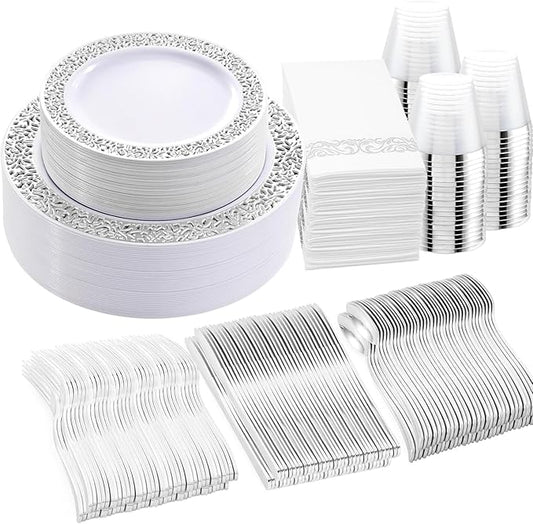 WELLIFE 350pcs Silver Party Dinnerware Set for 50 Guests, Silver Wedding Plates Disposable Heavy Duty, Including :50 Dinner Plates, 50 Dessert Plates, 50 Cups, 50 Napkins, 50 Sliver Silverware Set