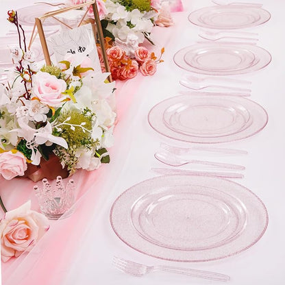 WDF 120pcs Pink Plastic Plates Disposable - Clear Pink Glitter Plates for Valentine's Day/Wedding including 60PCS Dinner Plates 10.25inch and 60PCS Salad Plates 7.5inch for Wedding/Party