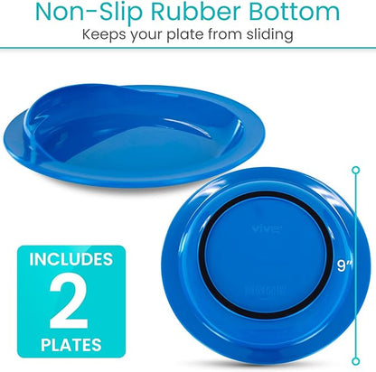 Vive Spill-Proof Scoop Plate, 9" (2 Pack) - Dish with Wall for Disabled, Handicapped, Elderly Adults with Special Needs from Parkinsons, Dementia, Stroke, Tremors with - Non Skid Padded Bottom