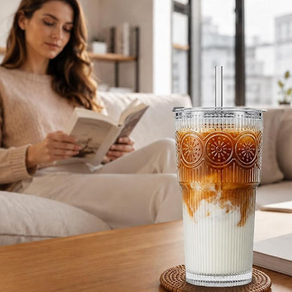 KEMORELA 20oz Ribbed&Floral Iced Coffee Cups - Image 3