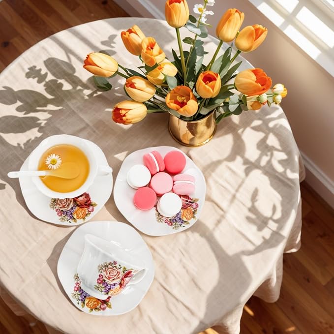 Pumtus Tea Cups and Saucers Set of 6, 8 OZ Vintage Ceramic Teacups - Image 9