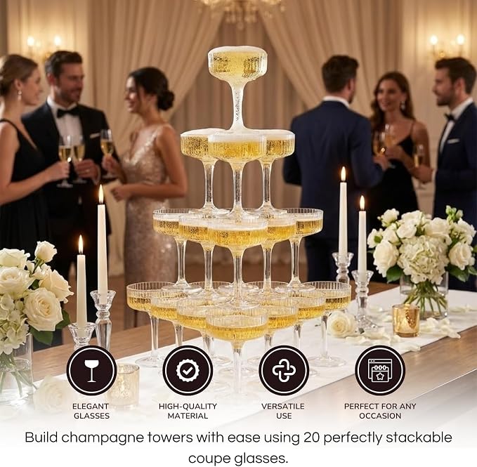 Khen Acrylic Champagne Tower | Set of 20 | 7 oz Stackable Unbreakable Coupe - Image 4