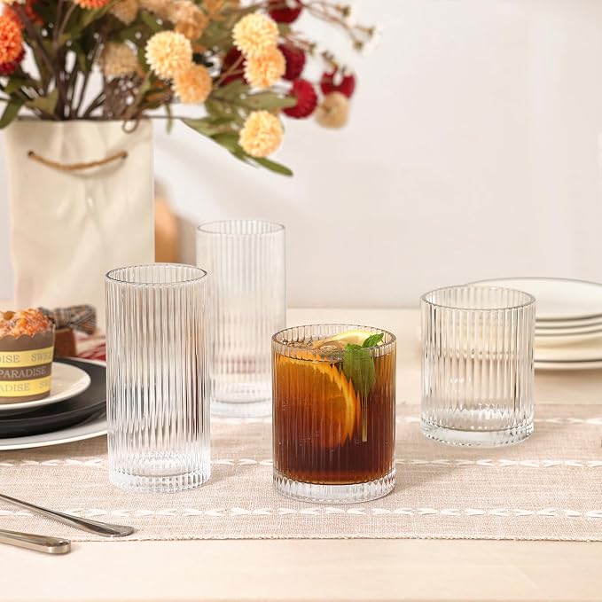 Moretoes Ribbed Drinking Glasses Set of 12, Water Glass Cups | Mixed Glassware - Image 7