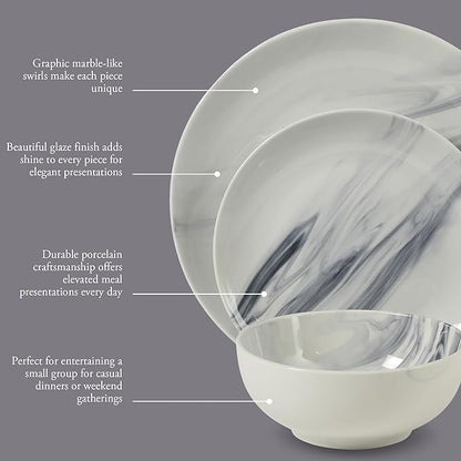 Gibson Home Cloudlight 12 Piece Plates and Bowls Dishes Blue and White - Decorated Porcelain Ceramic Dinnerware Set - Service for 4