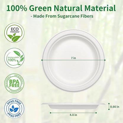 Aricsen 150 Pack 7 Inch Compostable Disposable Round Paper Plates, Natural White Biodegradable Sugarcane Bagasse PFAS-Free Eco-Friendly Dinner Plates for Party Wedding Picnic BBQ (150, 7 INCH)