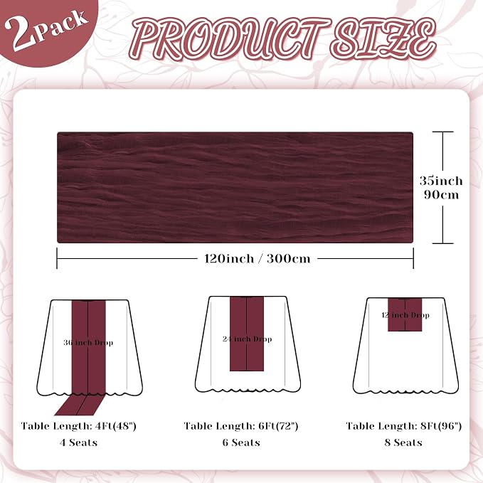 2 Pack Cheesecloth Table Runner, 120 Inch Burgundy Table Runner - Image 2