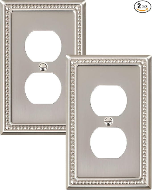 2-Pack Duplex Outlet Cover Plate, Metal Wall Plates for Electrical Outlets, Brushed Nickel 1 Gang Receptacle Cover, Pearls Decorative Switch Plates and Outlet Covers