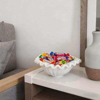 Small Decorative Bowl decor, Scalloped Pedestal Bowls for Modern Home Decor,Ruffle Decor,Stylish Key Bowl for Entry Table,Decorative Fruit Bowl for Kitchen Counter,Artificial Stone Milky White
