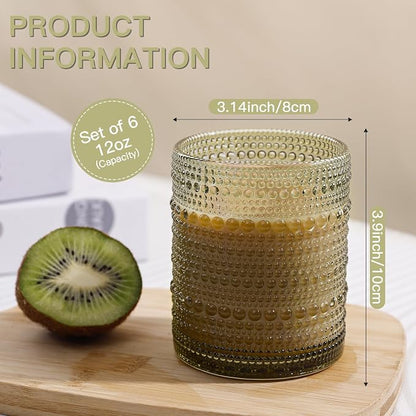JOVGANK Green Vintage Hobnail Drinking Glasses Set of 6, Embossed Water Tumbler - Image 2
