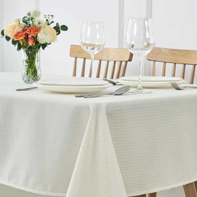 maxmill Rectangle Tablecloth Weaved Pattern Waterproof Spillproof Wrinkle Free Table Cloth, Kitchen Dining Tabletop Decoration, Fabric Table Cover for Holiday Parties, 52 x 70 Inch, Ivory