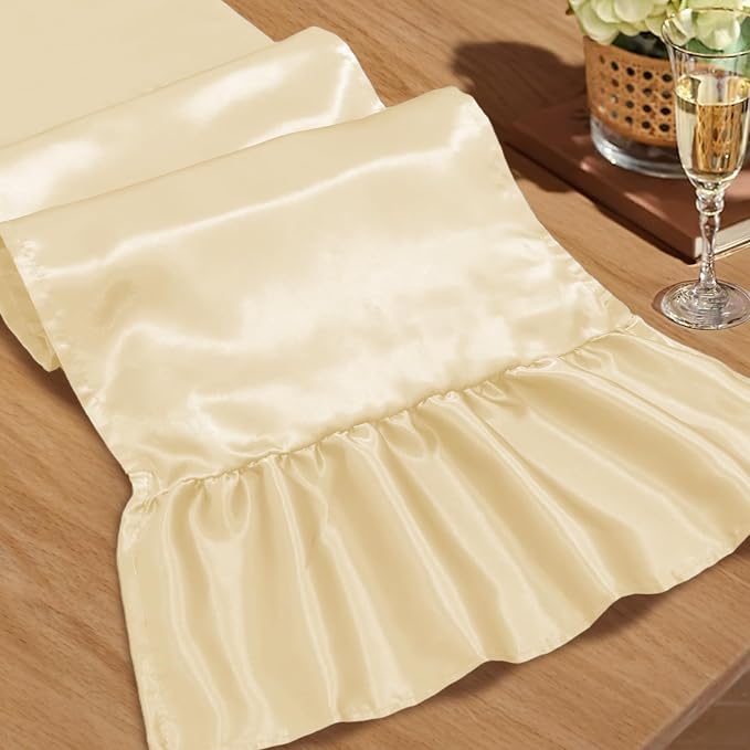 2 Pack Beige Satin Table Runner 12 x 72 Inch | Ruffle Design, Luxurious Dining by Unknown