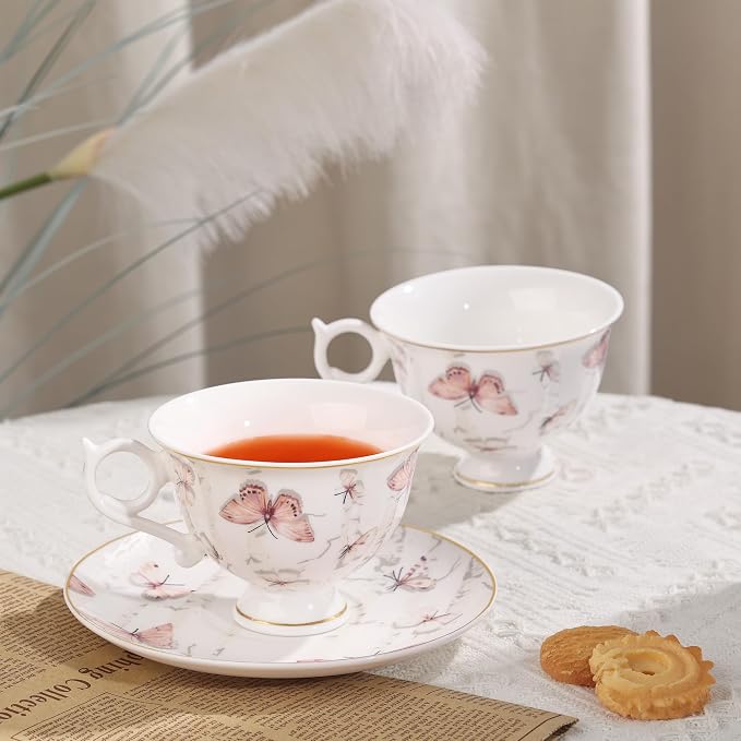 fanquare 6oz Pink Butterflies Porcelain Tea Cups and Saucers Set of 6 | Elegant - Image 4