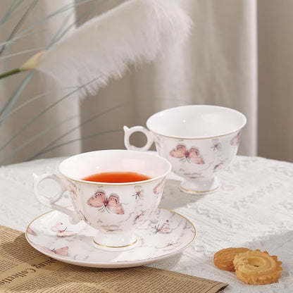 fanquare 6oz Pink Butterflies Porcelain Tea Cups and Saucers Set of 6 | Elegant - Image 4