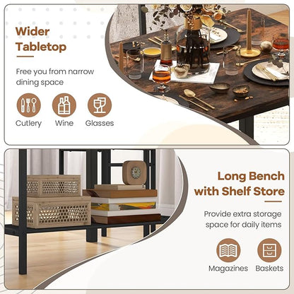 NAFORT Dining Table Set for 4 with Bench, Industrial Kitchen Table and Chairs, Rustic Brown Wood & Black Metal 4-Piece Dining Set for Apartment, Small Space, Kitchen & Dining Room