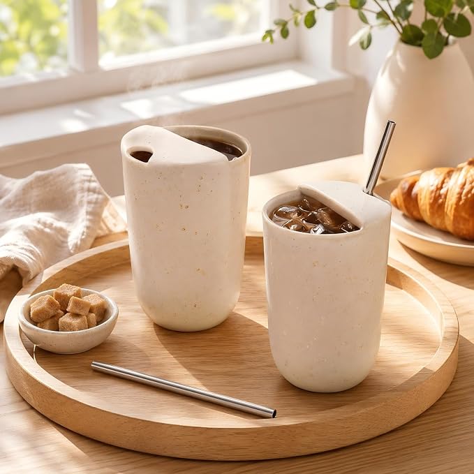 2 Pack Ceramic Coffee Mug with Sip Hole 9.5oz Retro Espresso Cup Travel Mug - Image 4