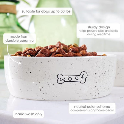 Pearhead Ceramic Pet Bowl 3-Cup Capacity Durable Speckled Dish with Woof Graphic Food Water Feeder for Small Medium Dogs