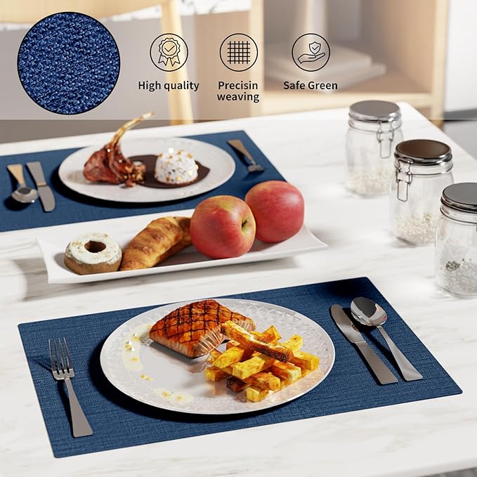 Cloth Placemats, Set of 6 Heat-Resistant Cotton Linen Blend Double Layered Machine Washable Place Mats, Wrinkle Free Thick Fabric Dining Table Mats for Indoors & Outdoors (Navy Blue, 6)
