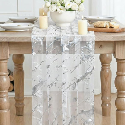 Artoid Mode Marble Pattern White Gauze Table Runner 10FT, Glitter Metallic Foil - Image 2