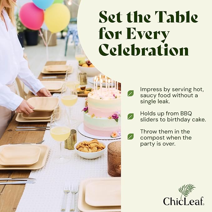 Chic Leaf Palm Leaf Compostable Plates - 6" Square, Pack of 50 - Disposable Dinnerware for Valentine's day, Rustic Bamboo Appetizer Plates, Romantic - Charcuterie Boards & Biodegradable Serviceware