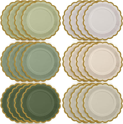 48 Pcs Sage Green Paper Plates 9 Inch Gradient Scalloped Paper Disposable Dinner Dessert Plates for Birthday Wedding Bridal Party Supplies, 6 Colors