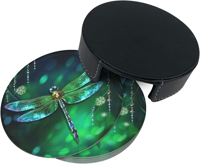 6 Pcs Fantasy Spring Dragonfly Leather Coasters - Image 3