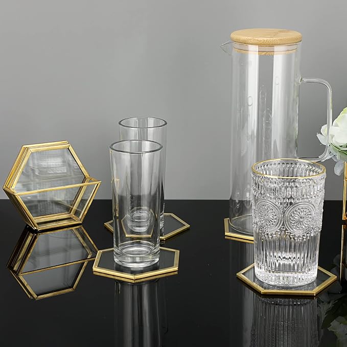 JUXYES Set of 7 Gold Brass Clear Glass Round Coaster - Image 7