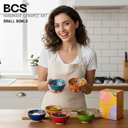 BCS Ceramic Pinch Bowls Set of 6, Small Bowls for Dipping - Cooking Prep & Charcuterie Board, Soy Sauce Dish, Multicolor Handmade Decorative Serving Dishes (3.2'' - 3 oz)