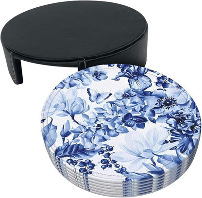 6 Pcs Blue and White Floral Leather Coasters - Image 4