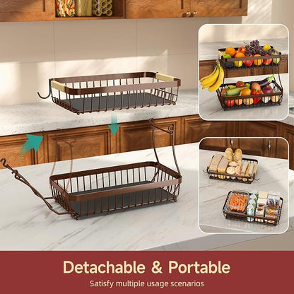 2-Tier Fruit Basket with Banana Hangers, Detachable Metal Bowl - Image 3