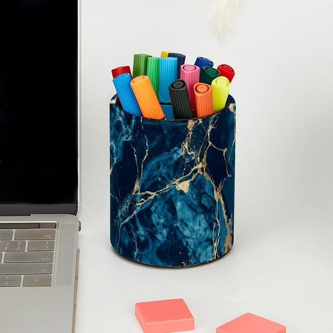 Navy Blue Abstract Marble Leather Pen Holder - Image 5
