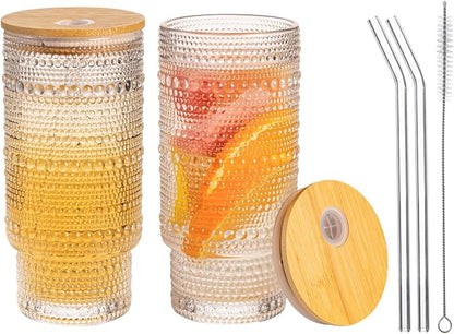 Drinking Glasses with Bamboo Lids and Glass Straw 2pcs Set, 16oz Glass Tumbler by Unknown