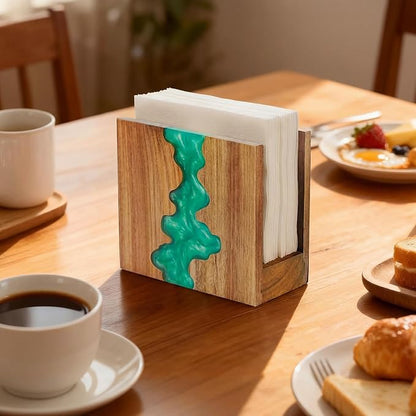 Glow in The Dark Napkin Holder, Acacia Wood & Fluorescent Green Epoxy Resin - Image 3