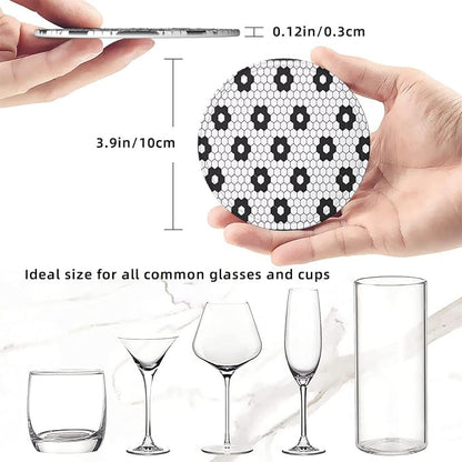 6 Pcs Black White Flower Hex Tile Print Floor Leather Coasters - Image 8