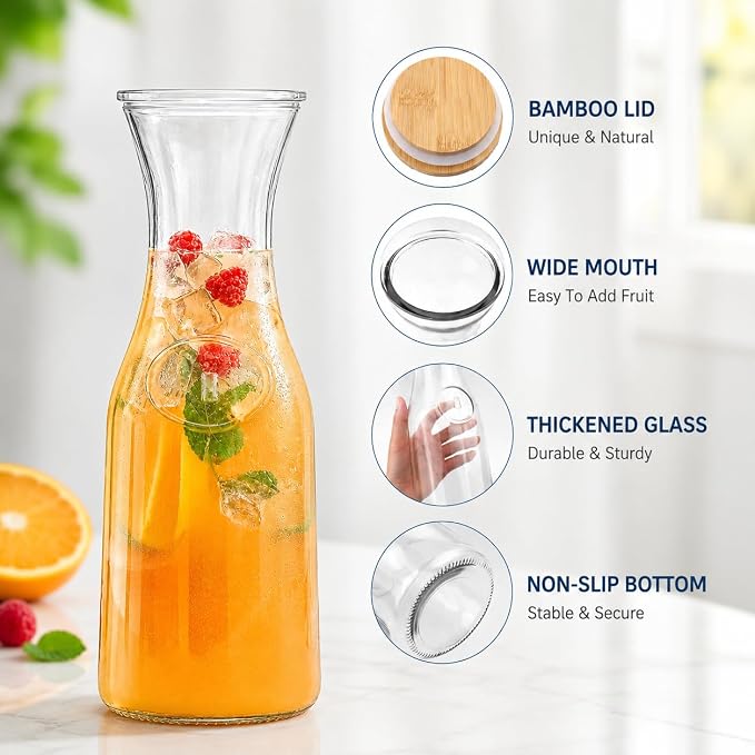 Glass Carafe with Bamboo Lid, Round 35 Oz Beverage Dispensers Carafe, Mimosa - Image 4