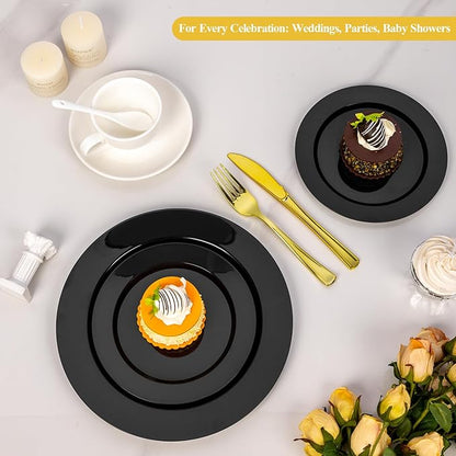 Goodluck 200PCS Black Plastic Plates, Heavy Duty Disposable Gold Plates with 100 10.25 inch Dinner Plates and 100 7.5 inch Dessert Plates for Party, Holiday, Wedding, Thanksgiving