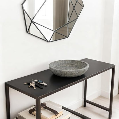 Silver Gray Travertine Bowl, 7.8" Modern Natural Stone Centerpiece for Industrial Home Decor, Handmade Fruit Bowl, Futuristic Tabletop Sculpture,Kitchen Counter, Entryway & Office Desk Organizer