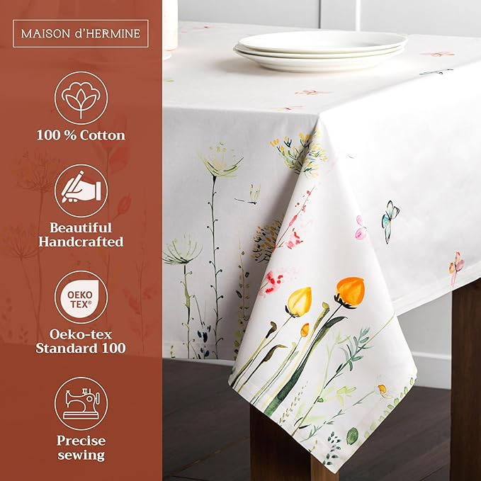 Maison d' Hermine Table Cloth Rectangle Table 100% Cotton 60 x 120 Inches Tablecloth Reusable Decorative for Dining Room Farmhouse Home Valentines Day Decorations Spring Summer - Botanical Fresh