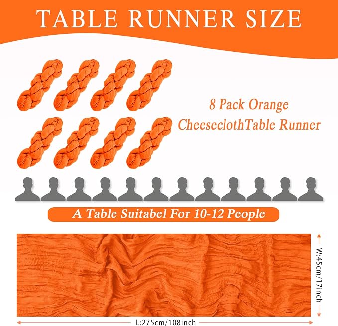 8 Pack Orange Cheesecloth Table Runner 17x108 inch Boho Gauze Cheese Cloth - Image 2