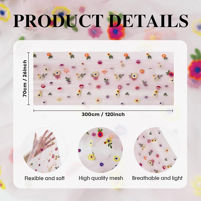 Artoid Mode Light Pink Floral Gauze Embroidery Table Runner 120 Inch 10FT | - Image 7