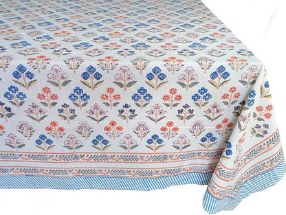 ATOSII Flora Bloom 100% Cotton Rectangle Summer Tablecloth, Block Print Floral Table Cloth for Dining Parties Wedding Outdoors I Grand Millennial Home Decor 60 X 90 Inches I 6 Seater I Memorial Day
