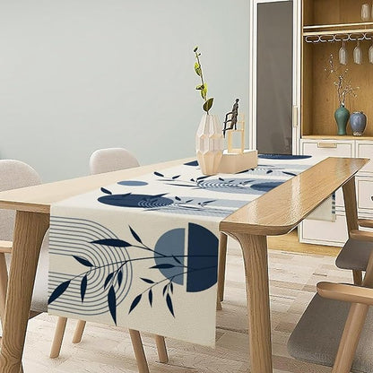 Abstract Boho Table Runner Mid Century Creative Blue Leaves Sun Geometric Arch - Image 2