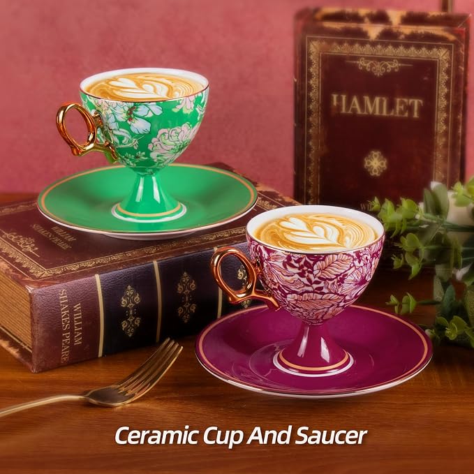 KAMMAK Ceramic Coffee Cups and Saucers Set of 2, Porcelain Espresso Cups - Image 2