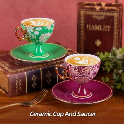 KAMMAK Ceramic Coffee Cups and Saucers Set of 2, Porcelain Espresso Cups - Image 2