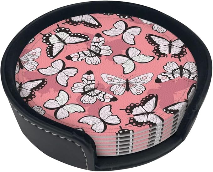Drink Coasters with Holder Stand Set of 6, Butterfly Pattern Pu Leather - Image 6