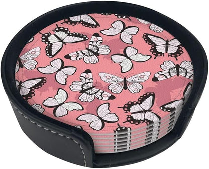 Drink Coasters with Holder Stand Set of 6, Butterfly Pattern Pu Leather - Image 6