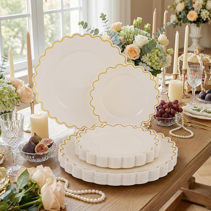LIYH 100 Pcs Heavy Duty Ivory Gold Plastic Plates - Image 5