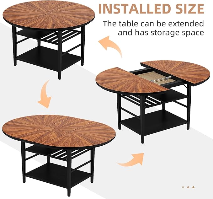 VFK 47.2"-63" Extendable Round Dining Table Set for 4–6, Solid Wood & Metal Table with Wine Rack Storage Shelf, Walnut Kitchen & Dining Room Furniture (1 Storage Table)