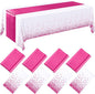 Breling 8 Pack White and Hot Pink Disposable Plastic Tablecloths and Satin Table Runner Set, 54 x 108 Inch Tablecloth, 12 x 108 Inch Table Runners for Birthday Baby Shower Wedding Graduation
