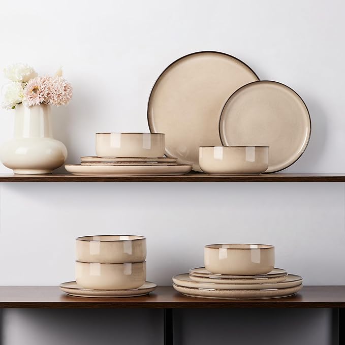 E-far 18-Piece Dinnerware Sets, Stoneware Plates and Bowls Set for 6, Reactive Glaze Dinning Ware Dishes, Microwave & Dishwasher Safe - Sandy Beige